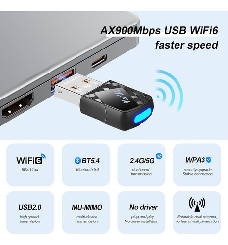 Ax900mbps Adaptador Usb Wifi 6 Para Pc, 2 En 1 Bluetooth 5.4 Wifi Adaptador 2.4g/5g Transceptor De Red Inalámbrico De Doble Banda Para Portátil, Computadora, Wpa3, Compatible Con Windows 11/10