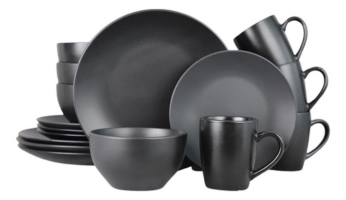 Vajilla Elegante Negro Mate Para 4 Personas 16 Piezas Liso