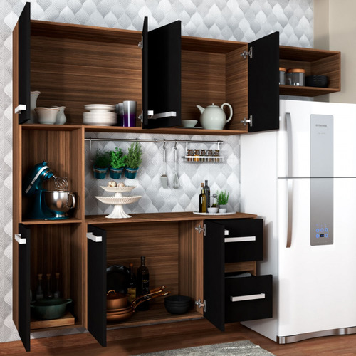 Cozinha Compacta 7 Portas 2 Gavetas Suspensa Armário E Cor Preto