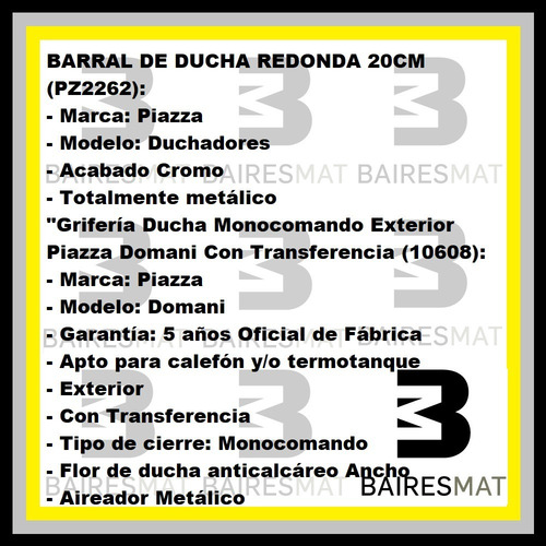Imagen 4 de 6 de Columna Ducha Barral Griferia Transferencia Piazza Domani