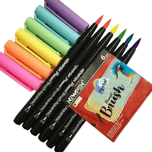 Kit Estojo 6 Caneta Marcador Pincel Brush Pen Newpen Pastel