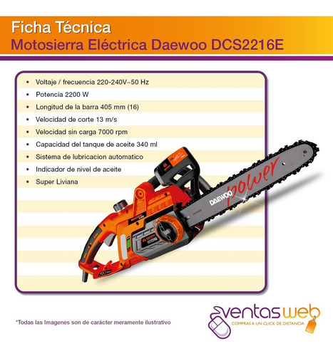 Imagen 4 de 5 de Motosierra Electrica Daewoo Electrosierra Espada 40cm 2200w