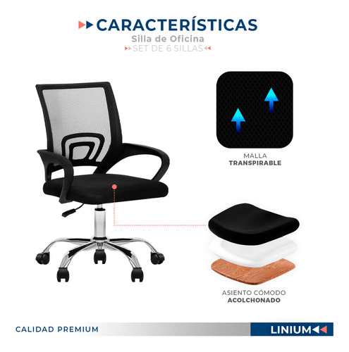 Silla Oficina Escritorio Linium Ergonómica Premium Set De 6 Color Negro Material Del Tapizado Liso