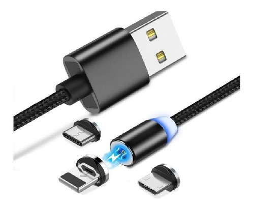 Cable Magnetico 3 En 1 Micro Usb Tipo C Lightning Para Ipho Color Negro Negro