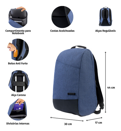 Mochila Masculina Executiva Para Notebook Urban Azul