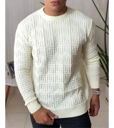 Suéter Masculino Lã Tricot Manga Longa Trabalhado