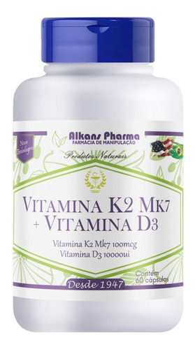 Vitamina K2 Mk7 Menaquinona 100mcg 60 Caps Vitd3 10.000ui