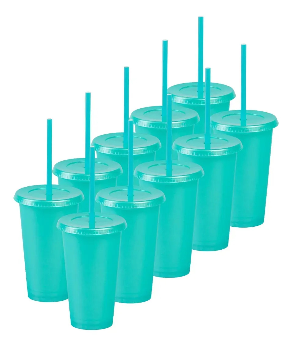 10 Vasos Reusables Uupz 16 Oz Tapa Plana Popote Fiestas Bolo Color Verde metálico