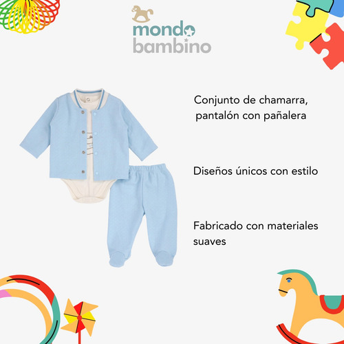 Conjunto Chamarra Y Pantalón Para Bebé Mondo Bambino Azul Cielo , Hueso 6 M