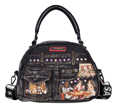 Bolsa Bowler Nicole Lee De Mezclilla Sisters Secret Ss24 Acabado de los herrajes Níquel Correa de hombro Negro Diseño de la tela Lisa