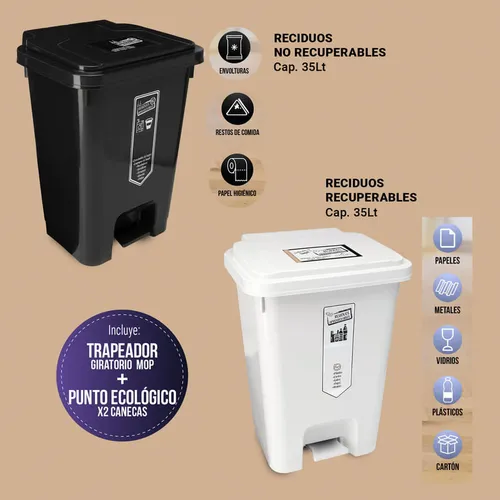 Trapero Giratorio Mop + Punto Ecológico 35lts De 2 Canecas