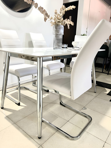 Juego Comedor Bulnes Cromo Neolith 140 + 4 Sillas Veneta Blanco Cuero Sintetico