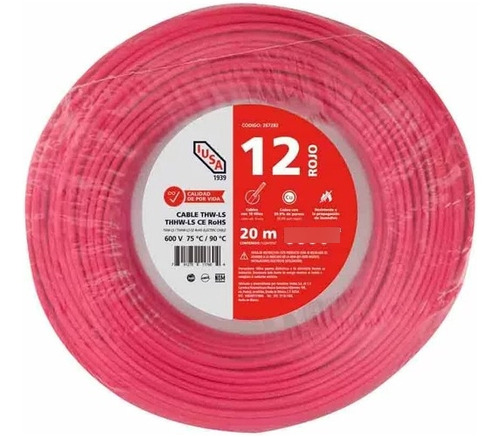 20 Mts Cable Calibre 12 Thw Color Rojo Marca Iusa
