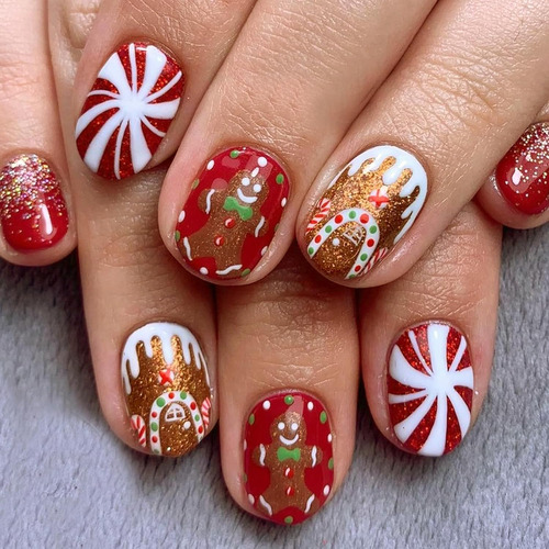 Uñas Postizas Cortas A Presión De Navidad, Uñas Postizas Cua