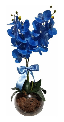 Arranjo Orquídea Azul Artificial No Vaso Vidro Transparente