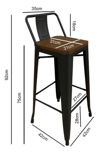 Imagen 2 de 7 de Banqueta Tolix Con Respaldo Y Madera Negra Mate X2 C/envio