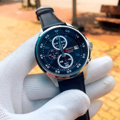 Relógio de malha de couro com cronógrafo Seiko SKS635p1 | Casiocentro