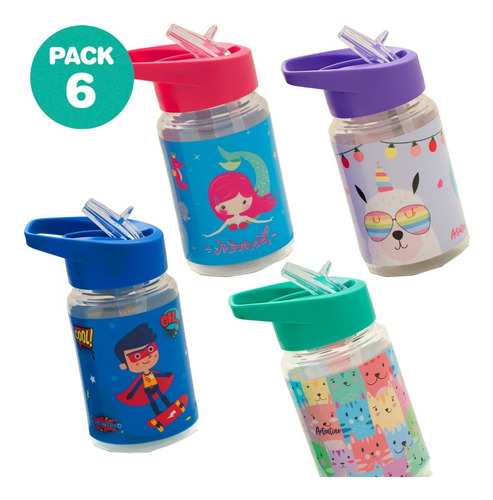 Imagen 2 de 9 de Pack 6 Botella Agua Jugo Niños Nene Nena Infantil Escolar