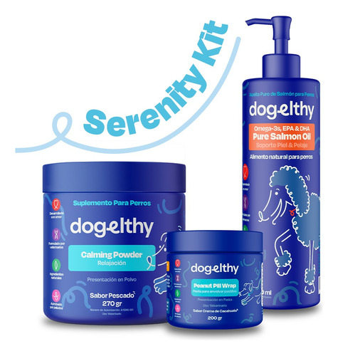Dogelthy Serenity Kit Calming Powder Aceite Salmon Pill Wrap