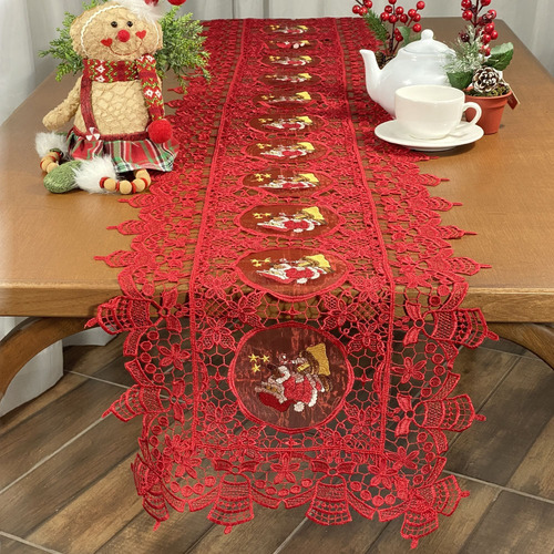 Sendero navideño para mesa, 2,20 m, guippir, bordado navideño, color rojo