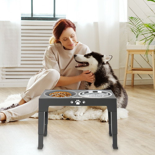 Comedouro Elevado Cachorro Duplo Pet Dobrável Altura Regulável Com 3 Tigelas - 1 Lento e 2 Inox Cor Cinza