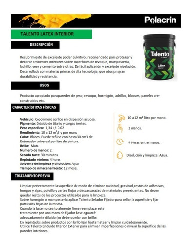 Imagen 2 de 3 de Pintura Latex Interior X 10 Lts Profesional Polacrin Talento
