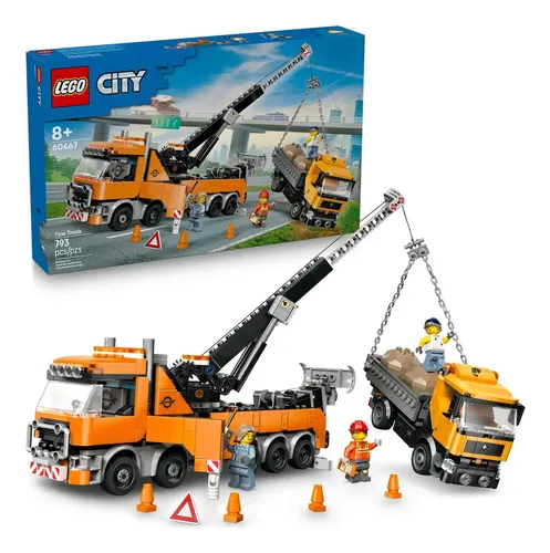 Caminhão de recuperação pesado LEGO® City 60467; guindaste giratório e caminhão basculante de brinquedo; com 3 minifiguras e acessórios; 8 ou mais