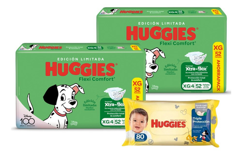 2 Pañales Huggies Flexi Verde + Toallitas Triple Proteccion