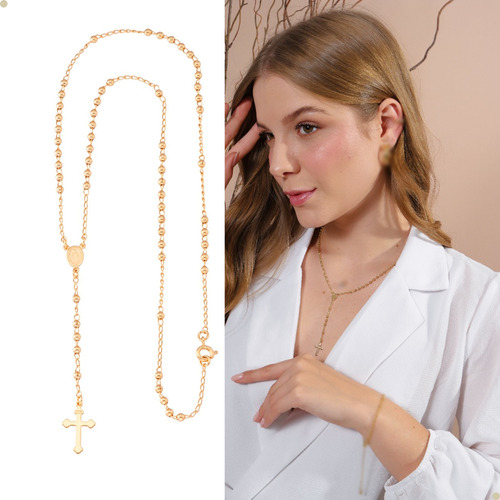 Colar Terço Nossa senhora das graças Rosário Feminino Dourado Crucifixo Banhado Ouro 18k antialérgico