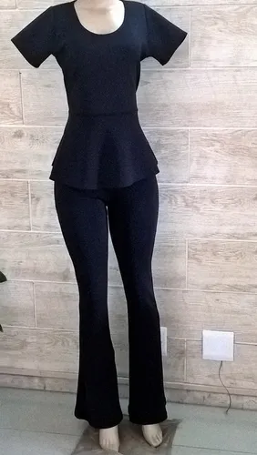 Conjunto De Blusa Peplum E Cal a Flare Uniforme Preto branco