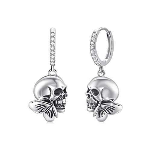 Aros Calavera 925 Plata Gótica Mujer Hombre