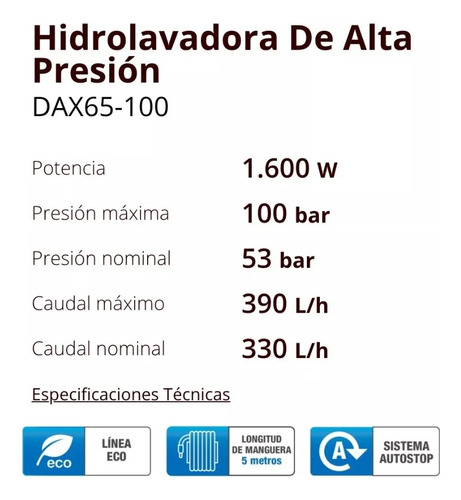 Hidrolavadora 1600w 100 Bar Daewoo Con Autostop + Accesorios