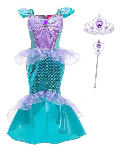 Vestido Sirena Ariel Niñas Halloween Cosplay Varita Mágica, Corona, Regalo Del Día Del Niño De La Fiesta De Cumpleaños De Navidad