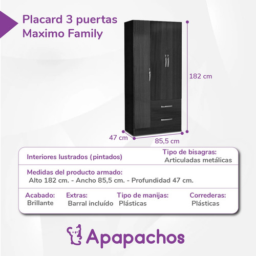 Placard Ropero 3 Puertas 2 Cajones Correderas Varios Colores Blanco