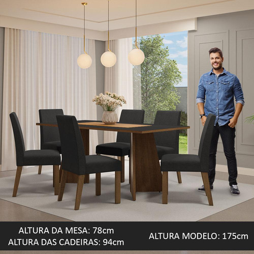Sala Jantar Mesa Tampo Madeira 6 Cadeiras Simone Madesa Cor Rustic/Preto/Oxford Desenho do tecido das cadeiras Liso