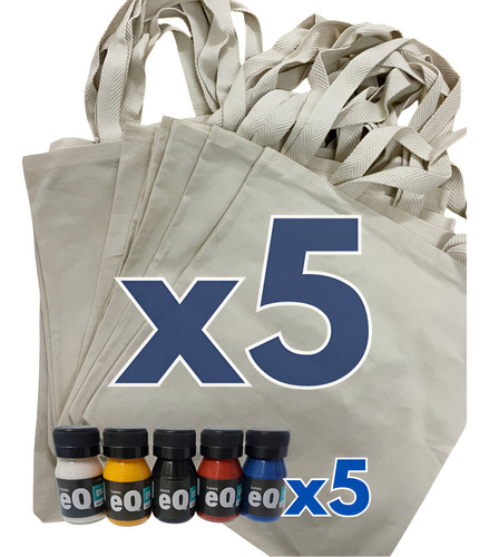 5 Bolsas Tote Bag Lienzo Lisas Ecológicas + 5 Pinturas Bolsa Tela Y Pintura