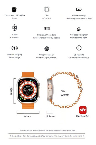 Smartband Grupo Zioni HW W68+ ULTRA PRO PLUS HW68+ ULTRA - SERIES 8 display de 2.02" con correa de sport oceano silicona deportiva con caja color negro