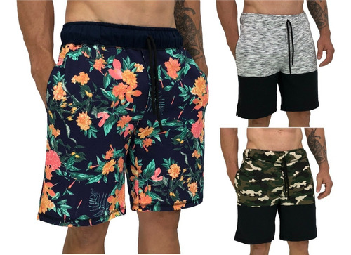 Kit 3 Bermudas Moletom Masculino Estampada Camuflado Floral 