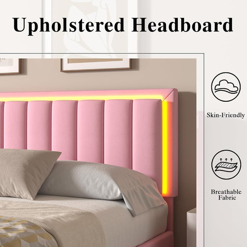 Bed Frame King Size Color Rosa C/cabecera Con Luz Led