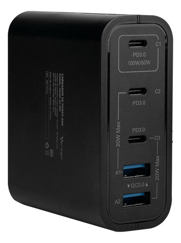Cargador de Pared Vorago AU-600, 100W, 5 Puertos (3 USB-C y 2 USB-A), Carga Rápida PD 3.0 y QC 3.0, Compatible con Laptop, iPhone, Samsung, MacBook, Tablet, Ideal para Viaje, Oficina y Hogar