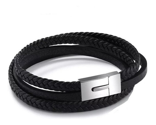 Pulsera De Hombre De Cuero Doble Giro Black Elegante Juvenil