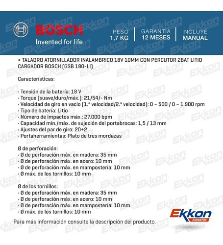 Imagen 2 de 8 de Taladro Atornillador Bosch Gsb 180-li Percutor
