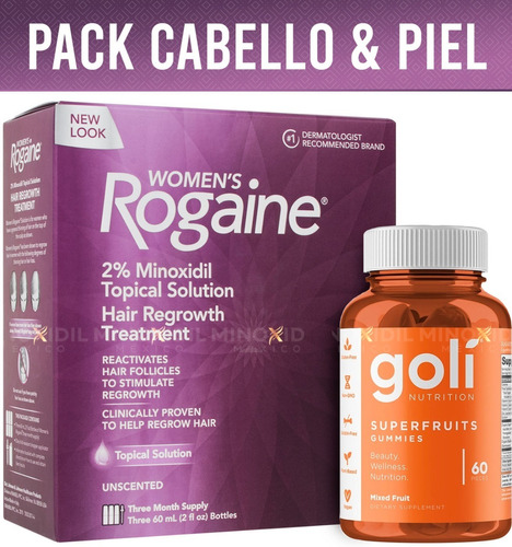 Super Pack Goli Superfrutas + Rogaine Tópico Dama 3 Meses 