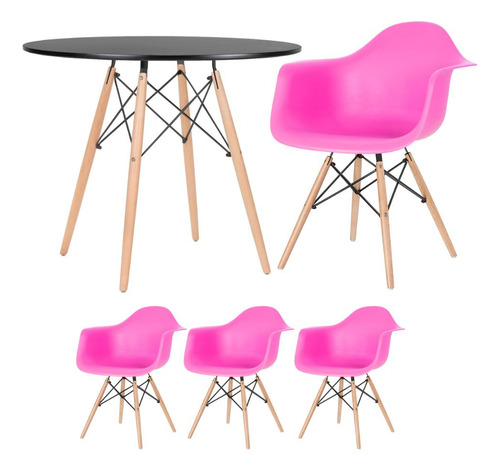 Kit - Mesa Eames 90 Cm + 3 Cadeiras Eames Daw Cor Mesa Preto Com Cadeiras Rosa Pink