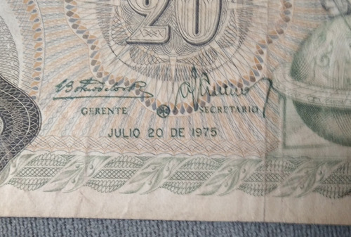 Billete De 20 Pesos Año 1975 Reposición Estado 5 . Escaso 