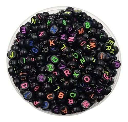 200 Dijes Cuentas Plásticas Negras C/letras Color Fluor 7mm