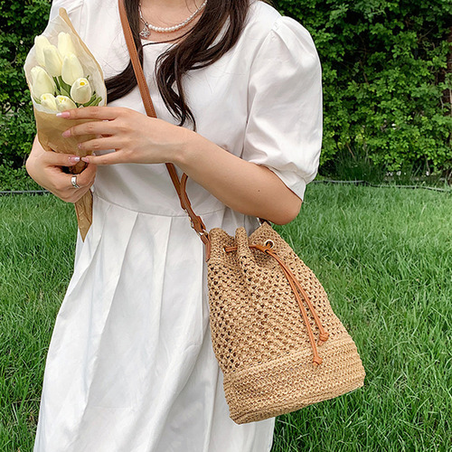 Bolso De Hombro Straw Bucket Bag Con Cordón Para Mujer