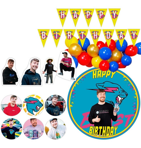 Kit Decoracion Set Globos Cumpleaños Tematica Mr Beast