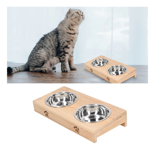 Soporte Doble Para Cuencos Para Gatos, De Bambú, De Acero In
