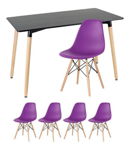 Kit Mesa Jantar Eames Retangular  4 Cadeiras Eiffel Wood Av Cor da tampa Mesa preto com cadeiras roxo